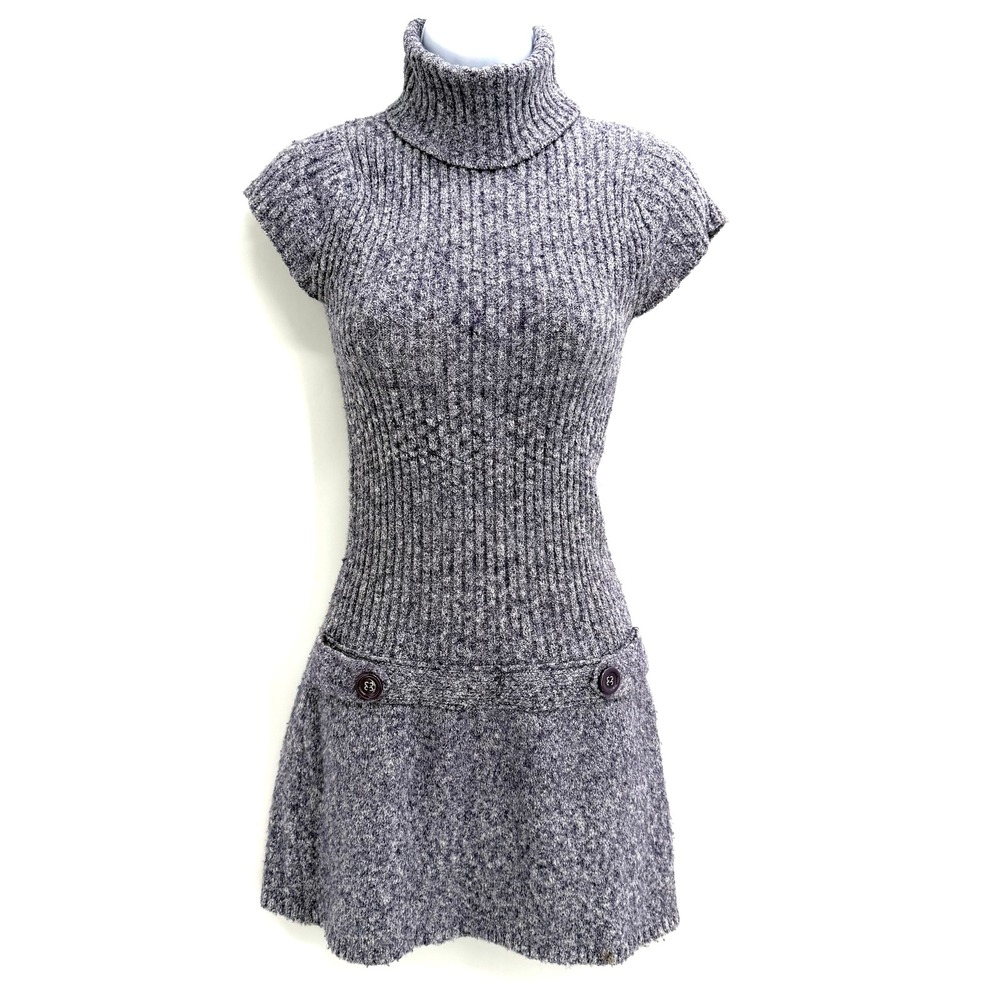 Y2K Short Sleeve Turtleneck Ribbed Knit Sweater Dress M Purple Marled Buttons